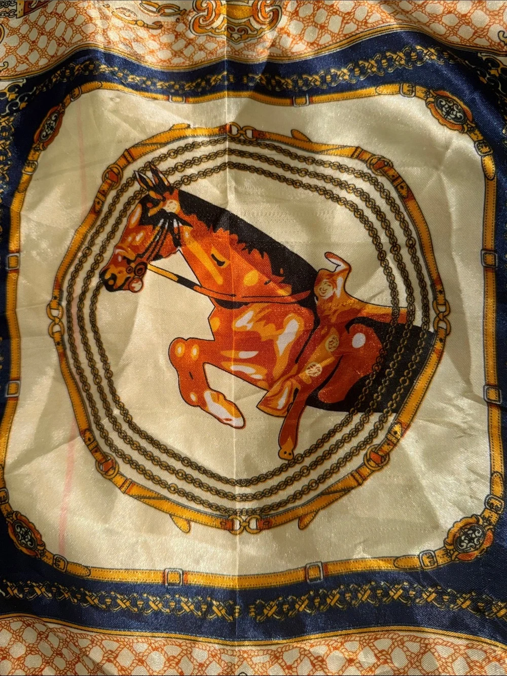 Vintage Equestrian Horse Satin Square Scarf Navy Blue Gold Orange Heritage 19x19